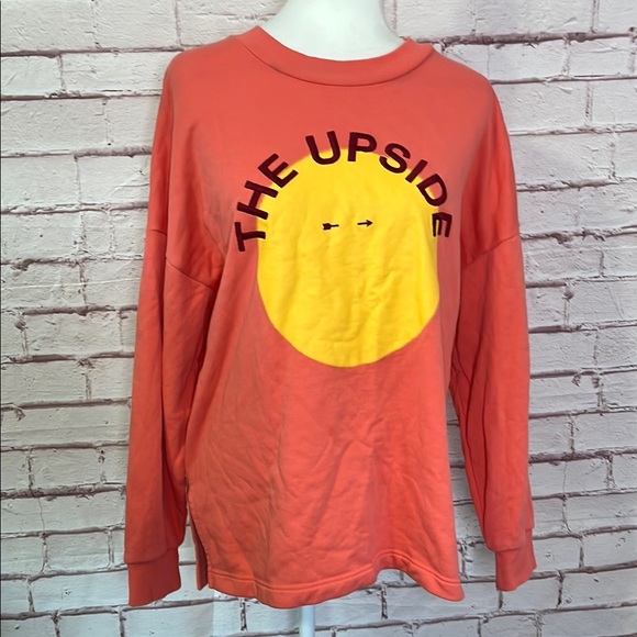 The Upside Tops - The Upside Coral & Yellow Embroidered Logo Pullover Sweatshirt XS